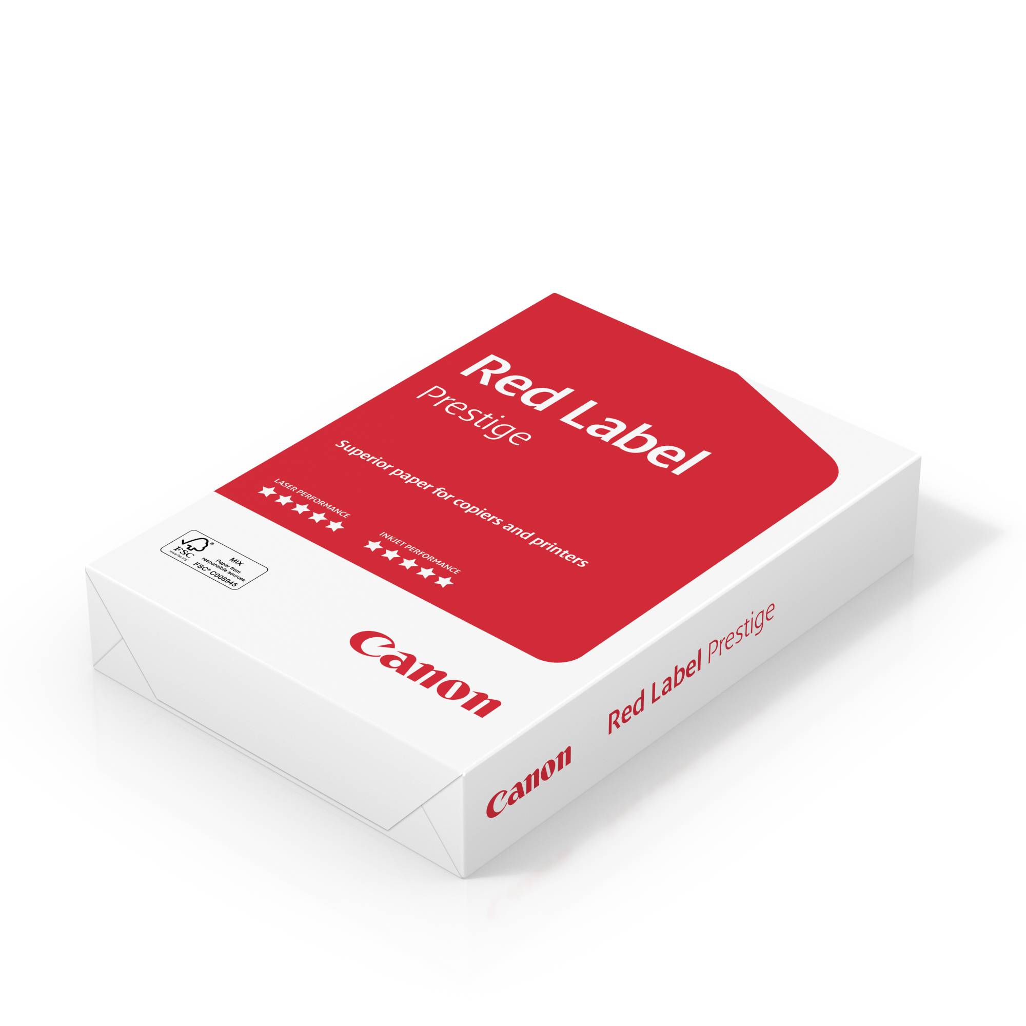 Canon 'Red Label Prestige' papierový obal, zobrazuje firemné logo v červenej farbe na bielom pozadí. Obsahuje 500 listov, zvýraznených hviezdičkovou hodnotením.