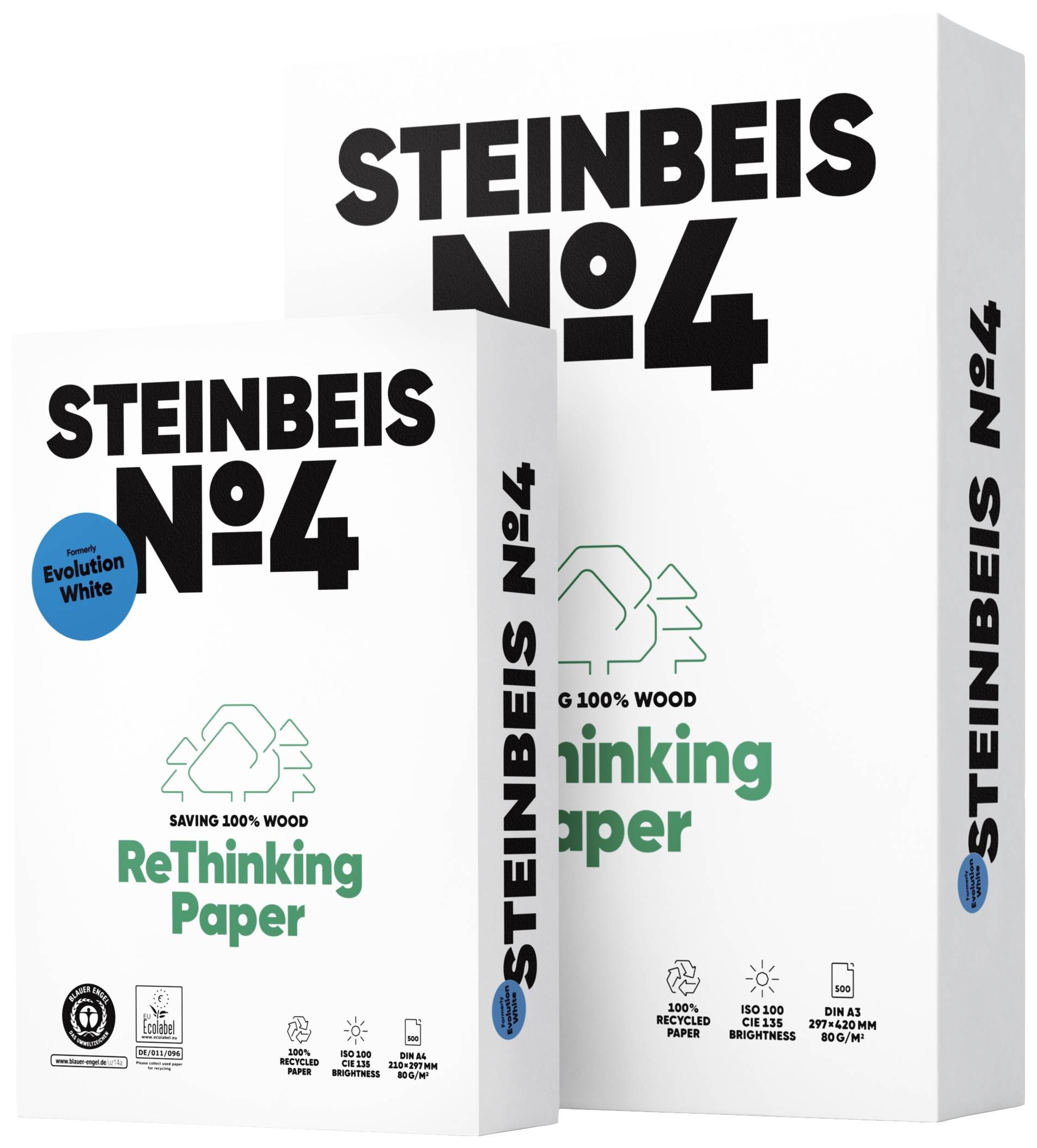 Dve balenia Steinbeis No.4 recyklovaného papiera, 100% zo starého papiera, certifikované. Veľké a malé balenie s environmentálnymi symbolmi.