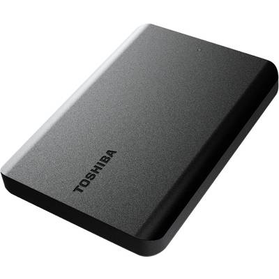 Externý pevný disk v čiernej farbe s logom 'Toshiba', obdĺžnikový dizajn, prenosný, vhodný na zálohovanie dát a rozšírenie úložného priestoru.
