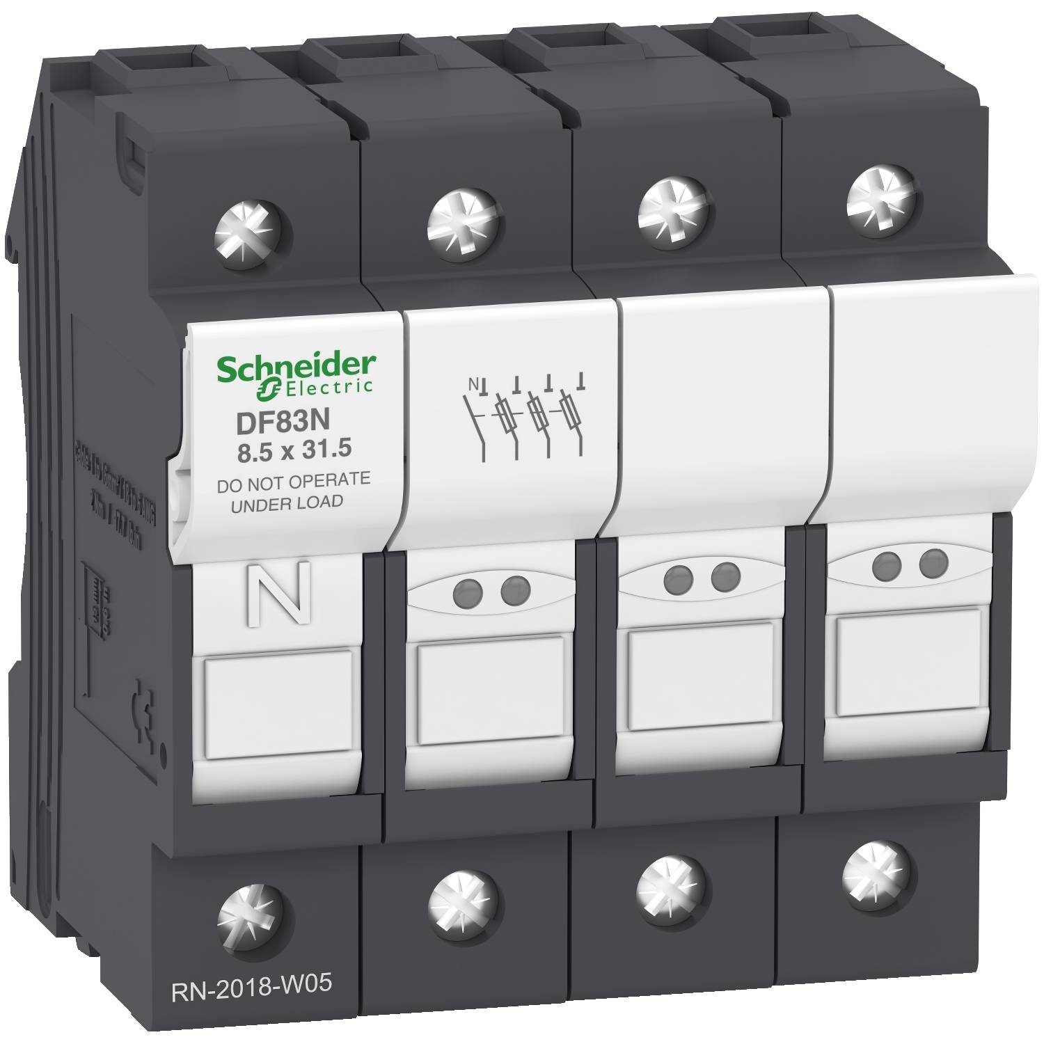 'Schneider Electric DF83N' stmievač, 8,5 x 31,5. Poznámka: 'Nepoužívať pod zaťažením.' Čierne puzdro so štyrmi pákovými spínačmi.
