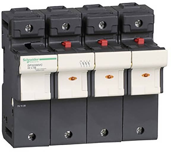 Štvorpólový výkonový istič od spoločnosti Schneider Electric, model 'C60N Miniaturný istič', používaný na ochranu elektrických obvodov.