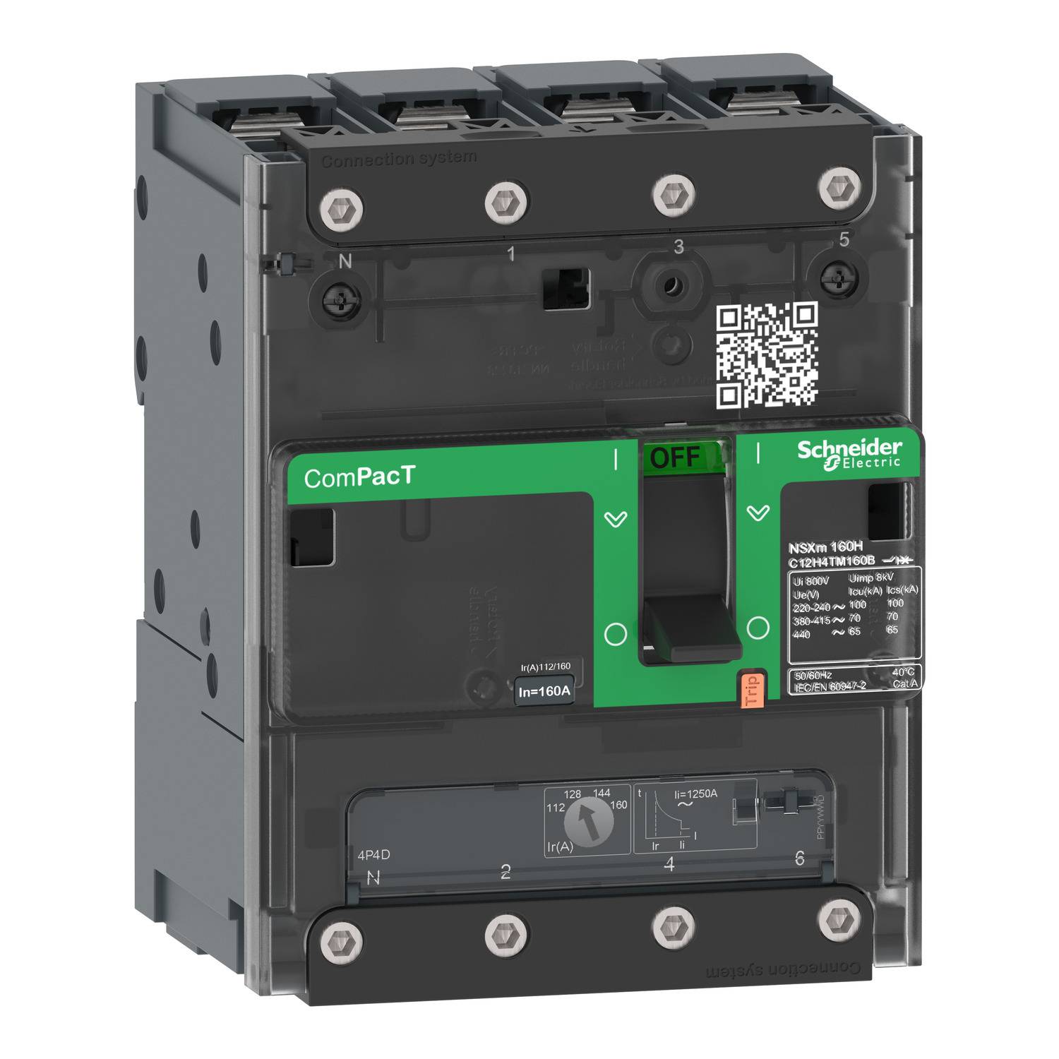 Kompaktný výkonový istič od spoločnosti Schneider Electric so zelenou pákou v polohe 'OFF', s QR kódom a technickými špecifikáciami.