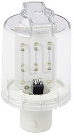 Transparentná LED lampa s valcovitým ochranným krytom a bielou základňou. Obsahuje viditeľné elektronické komponenty.