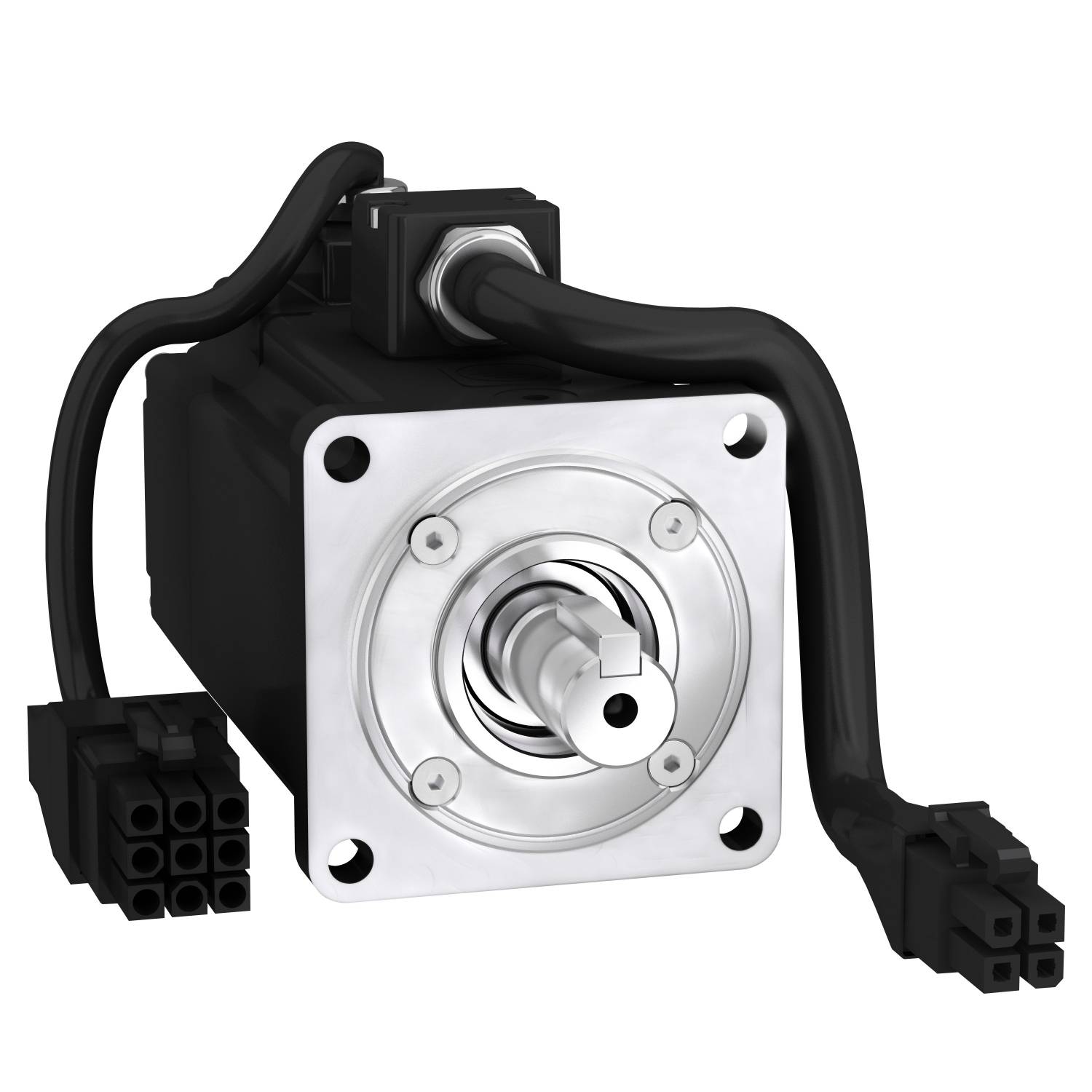 Elektrický servomotor s kovovým krytom, hriadeľou uprostred a niekoľkými čiernymi káblovými prípojkami, ktoré vedú zhora.
