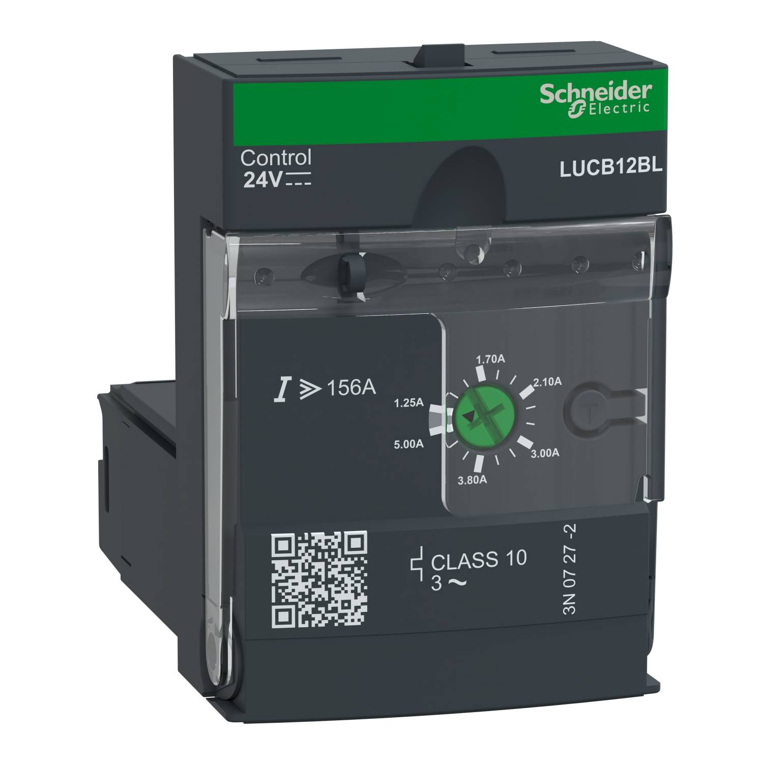 Elektronické zariadenie od Schneider Electric, model LUCB12BL, zobrazuje prúd od 1,25A do 5,0A a napätie 24V.