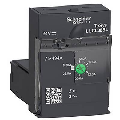 'Schneider Electric TeSys LUCL38BL': Čierne zariadenie s displejom pre elektrické špecifikácie vrátane variácií prúdu.