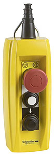 Žlté ručné ovládacie zariadenie s tromi tlačidlami: hore červený núdzový vypínač, v strede šípkový prepínač, dole čierne tlačidlo.