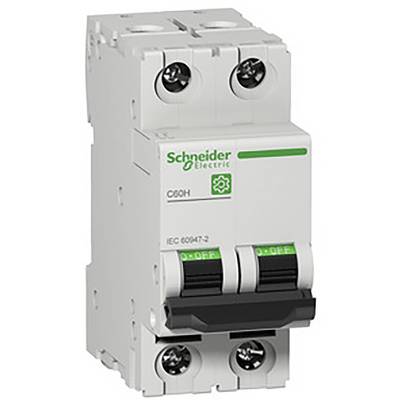 Istič so štítkom 'Schneider Electric', model 'C60H'. Dva spínače sú v polohe 'VYP', zariadenie na prerušenie elektrického obvodu.