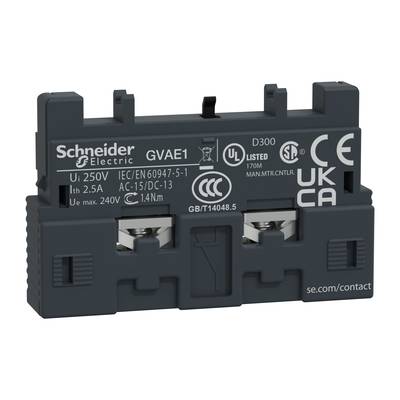 Pomocný spínač Schneider Electric GVAE1, sivý, s technickými údajmi: menovité napätie 250 V, menovitý prúd 2,5 A, max. 240 V AC.