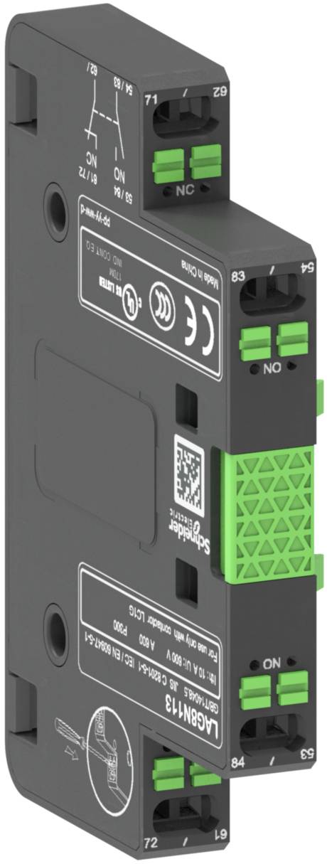 Čierne elektronické zariadenie obdĺžnikového tvaru so zelenými konektormi a prepínačom, strieborným typovým štítkom a niekoľkými certifikačnými symbolmi; slúži na prepojenie elektrických obvodov.