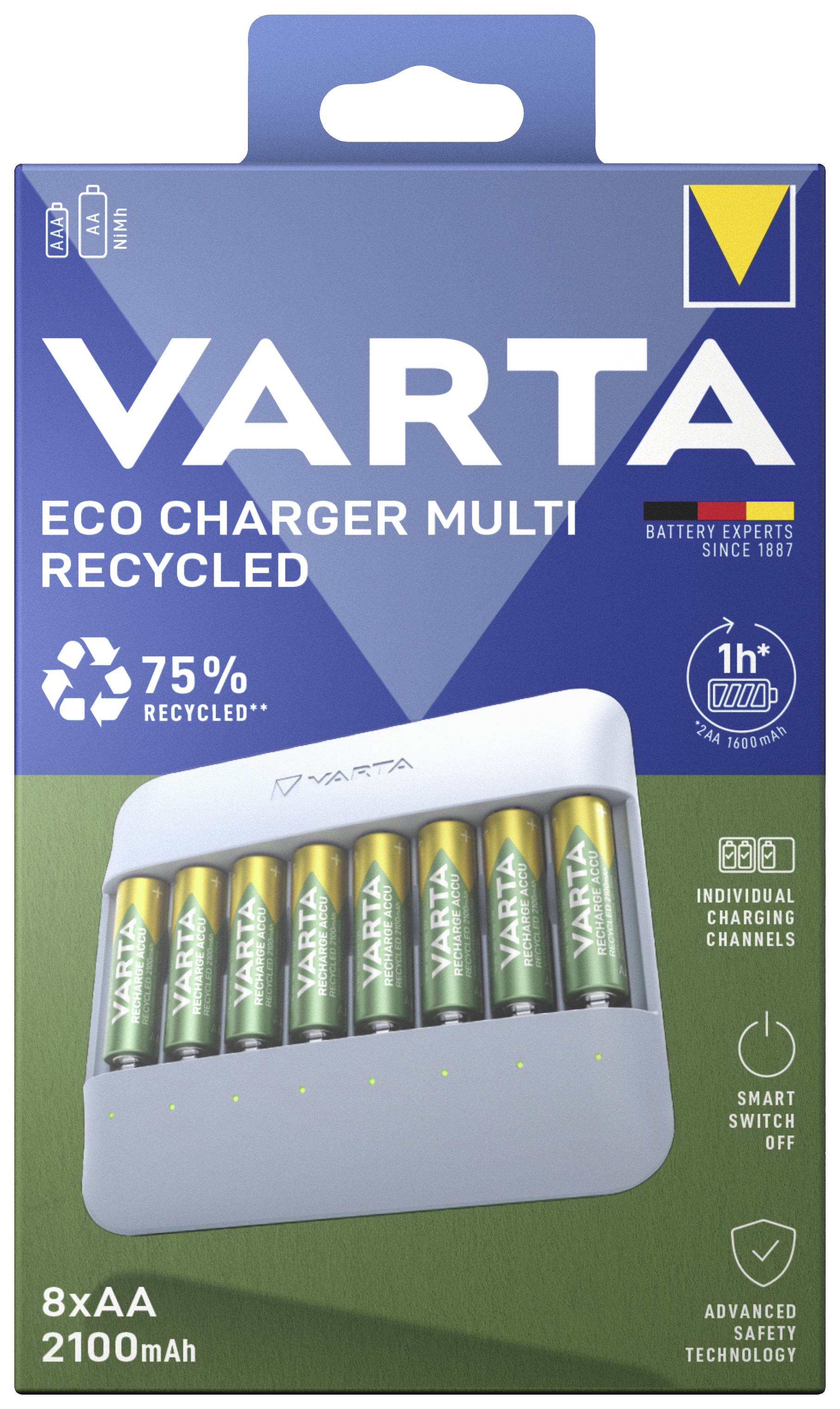 VARTA Eco Nabíjačka Multi, 8xAA, 2100mAh, 75% recyklovaná. Individuálna možnosť nabíjania, inteligentné vypínanie, rozšírená bezpečnosť.