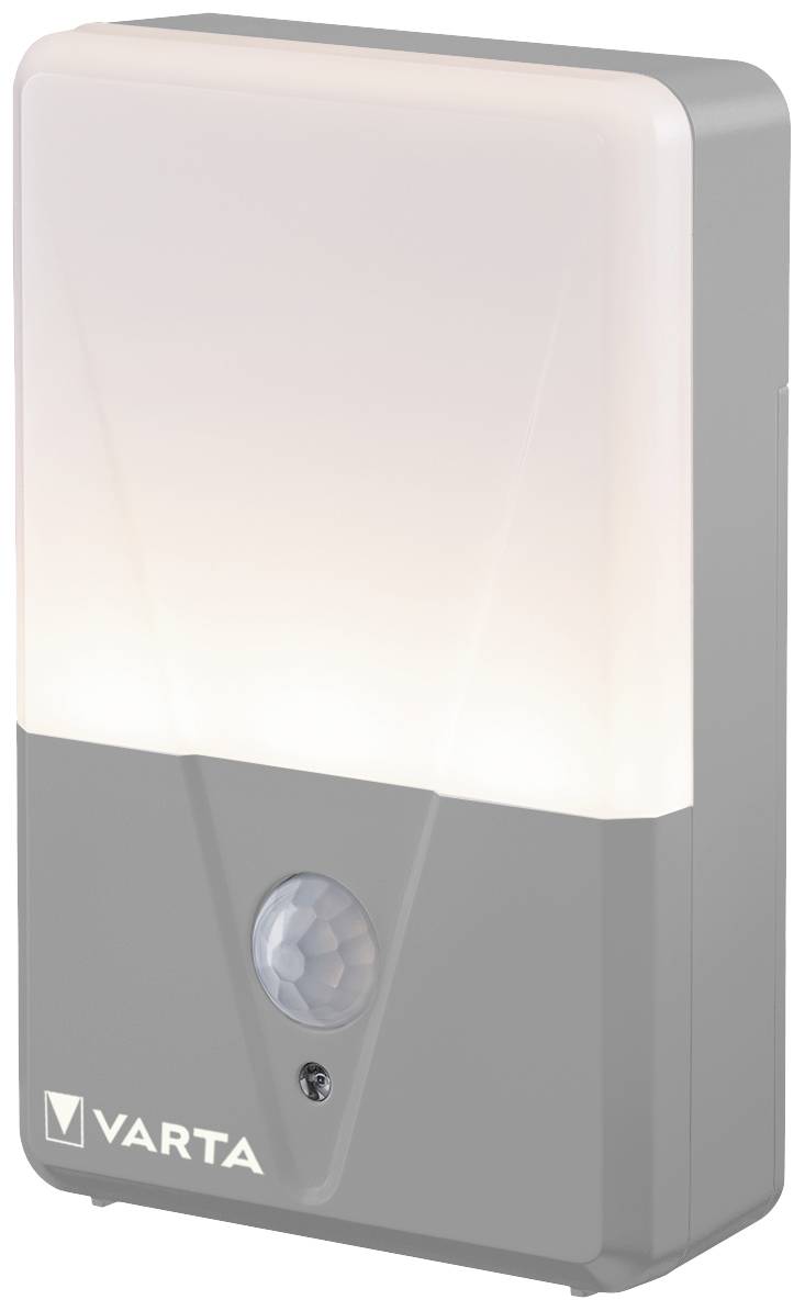 Biela LED nočná lampa s logom VARTA, obdĺžnikového tvaru, s detektorom pohybu na spodnej strane. Používa sa na nočné osvetlenie.