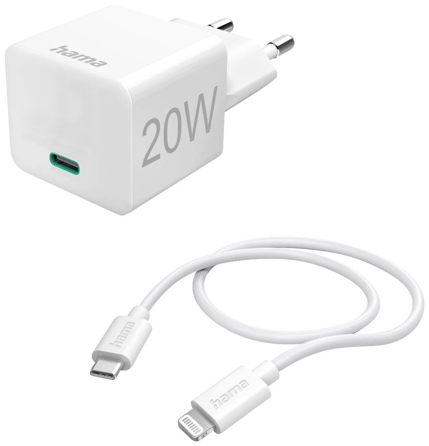 USB-C nabíjačka, 20W, biela, s kompatibilným káblom. Ideálna na rýchle nabíjanie zariadení kompatibilných s USB-C.