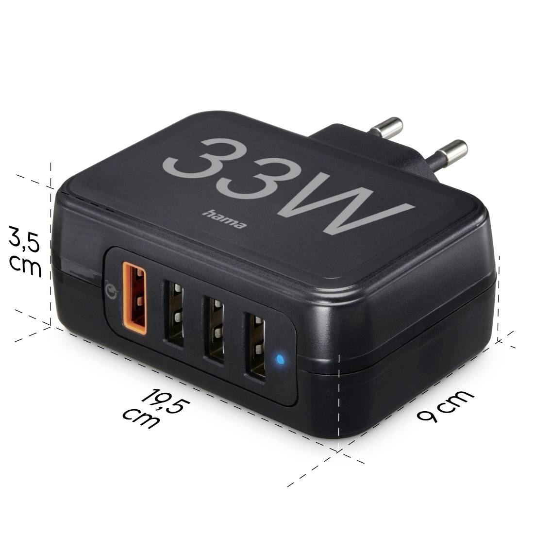 Čierna nabíjačka so štyrmi USB portami, jeden z nich je oranžový. Na zariadení je nápis '33W'. Rozmery: 9 cm x 3,5 cm x 19,5 cm.
