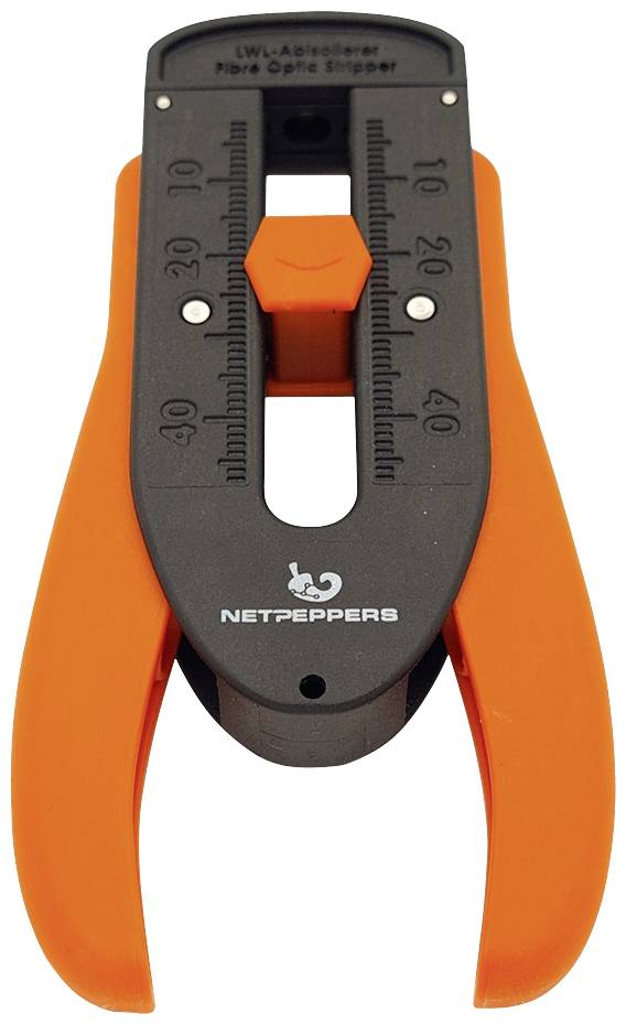 Oranžový nástroj na odizolovanie optických káblov so čiernou stupnicou od 10 do 40 mm. Nástroj slúži na presné odizolovaní káblov.
