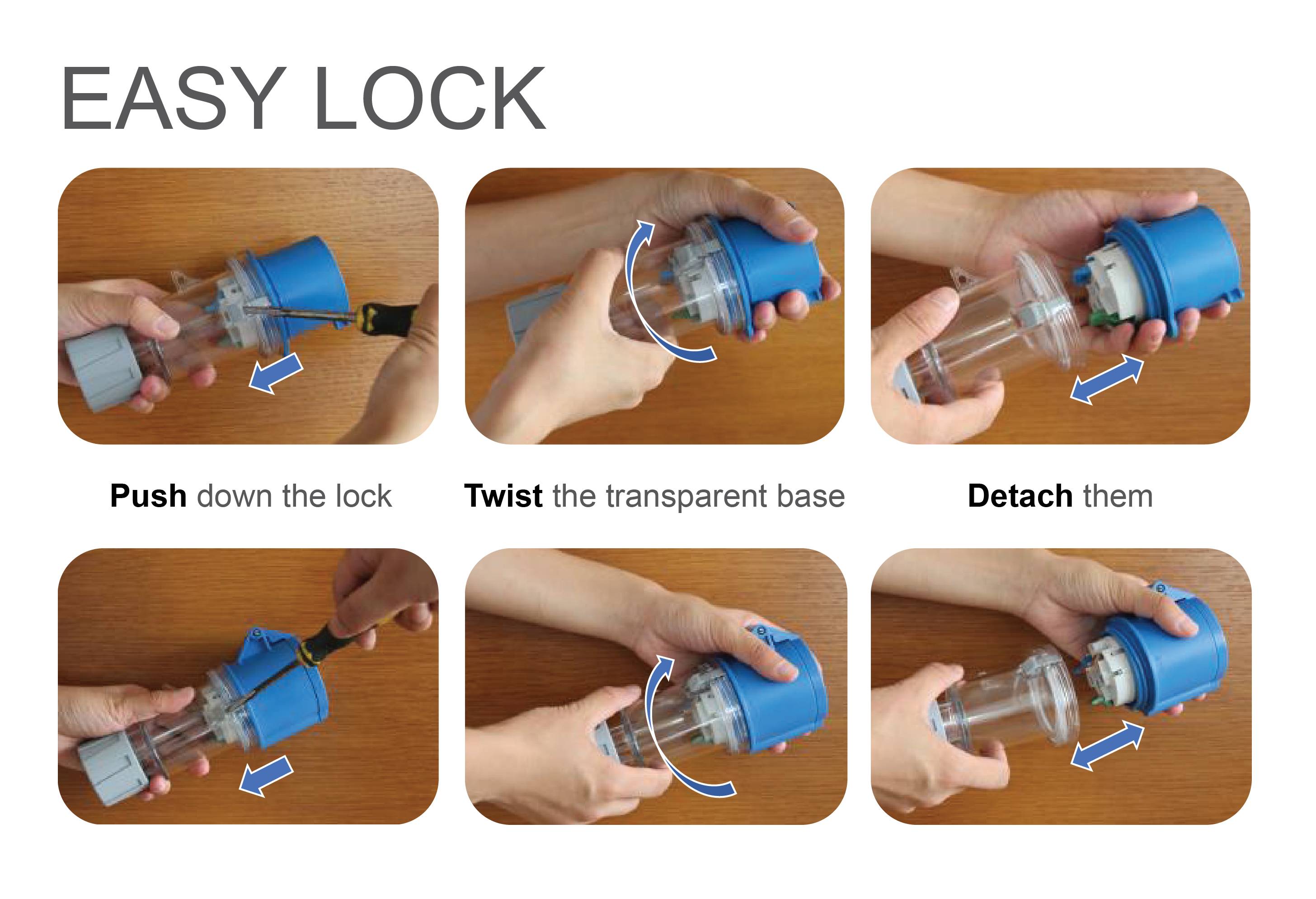 Návod na 'Easy Lock': Stlačte zámok, otočte priesvitný základ, oddeľte časti. Šesť krokov zobrazených.