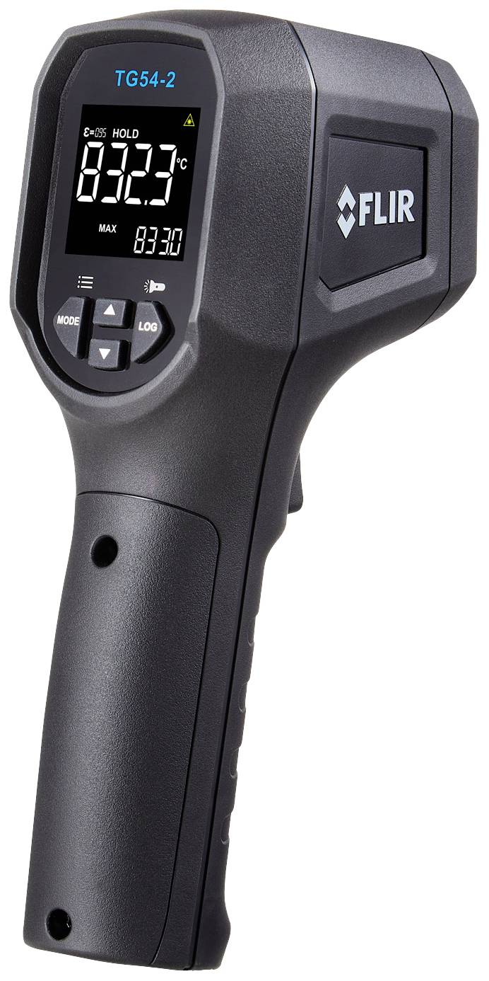Infračervený teplomer s displejom zobrazuje 32,5°C. Značka 'FLIR', model 'TG54-2'.