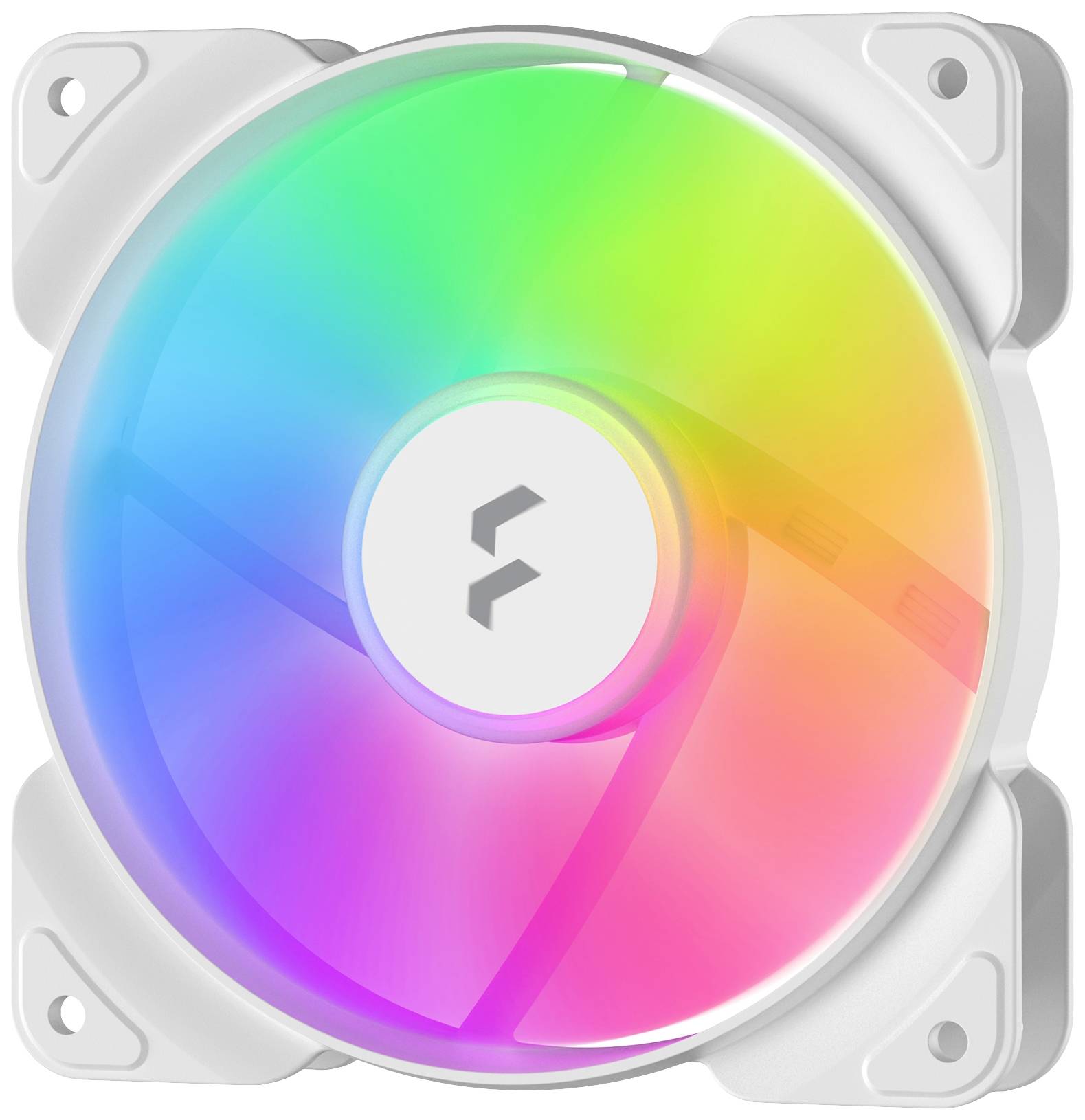 Počítačový ventilátor s podsvietenými, rotujúcimi RGB svetlami v bielom ráme. Ideálny pre chladenie počítačového systému s vizuálnym efektom.