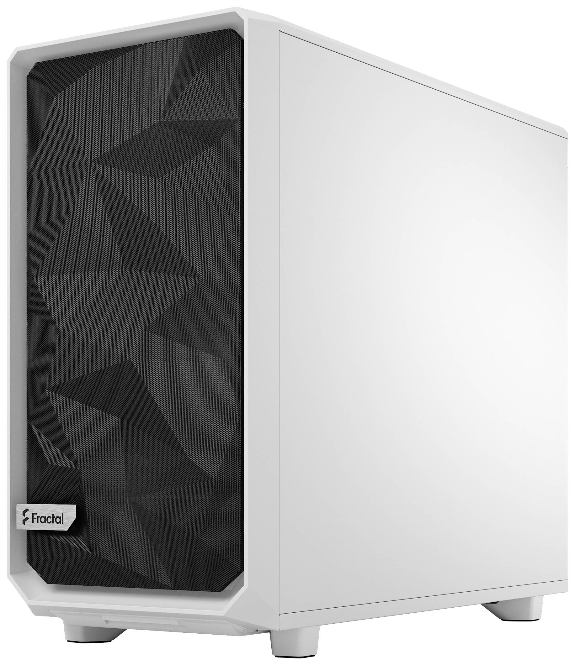 Biele PC šasi od spoločnosti Fractal s čiernym geometrickým vzorom na prednej strane.