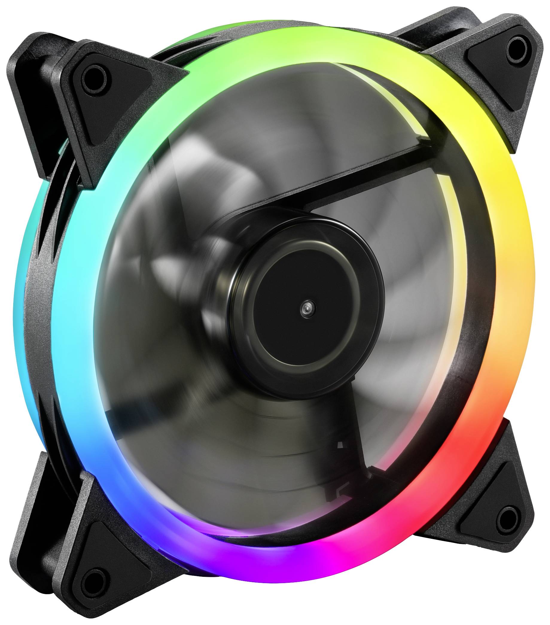 Počítačový ventilátor so svietiacimi farebnými LED svetlami v dúhovom kruhu. Ventilátor sa otáča, čo signalizuje jeho prevádzku.