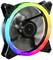Počítačový ventilátor so svietiacimi farebnými LED svetlami v dúhovom kruhu. Ventilátor sa otáča, čo signalizuje jeho prevádzku.