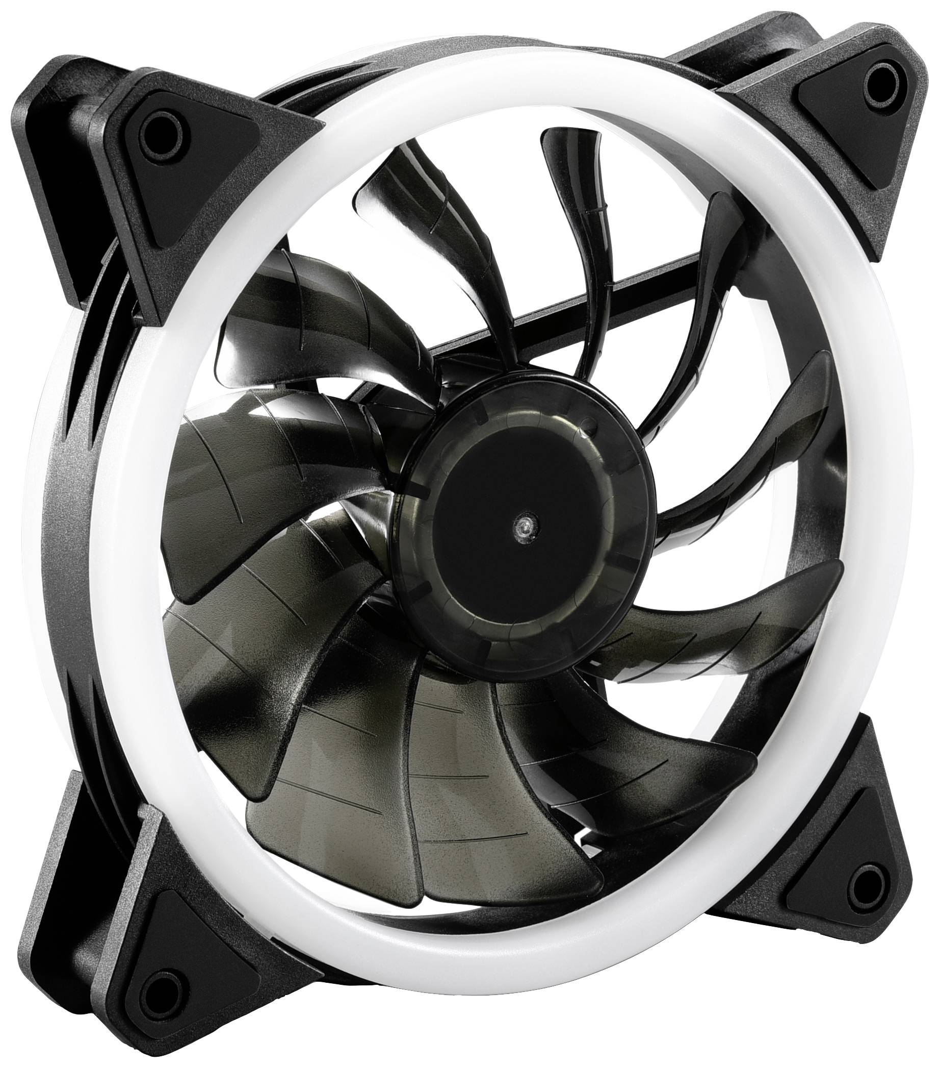 Počítačový ventilátor s čiernym krytom a priehľadnými listami rotora, obklopený svetielkujúcim bielym LED prsteňom.