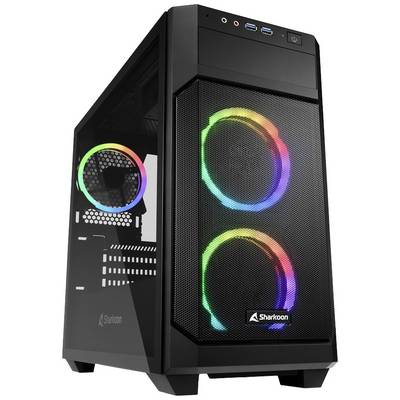 Čierna PC skrinka od Sharkoonu s priehľadným bočným oknom a dvoma zabudovanými ventilátormi s podsvietením v dúhových farbách.