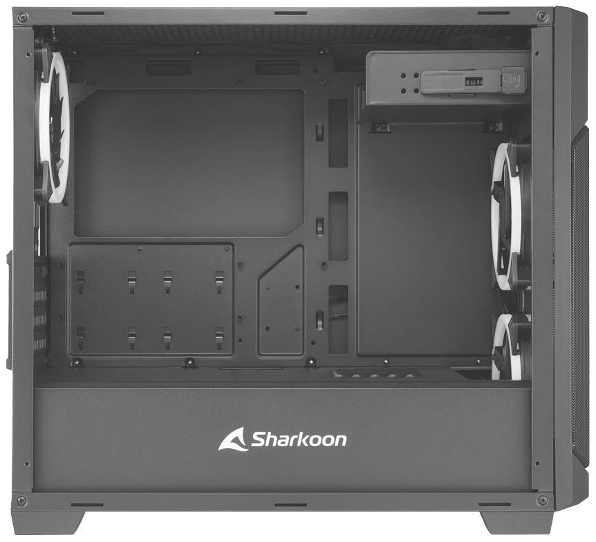 Prázdny PC kryt značky Sharkoon s dvoma ventilátormi na prednej strane a šachtou pre mechaniku v pravom hornom rohu.