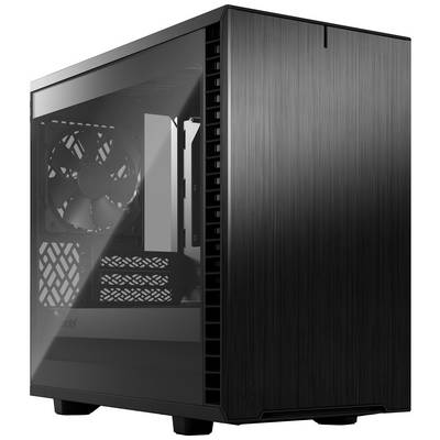 Čierna počítačová skrinka s priehľadným bočným oknom, zobrazujúca vnútorné ventilátory a priestor pre hardvér. Vhodná pre zostavenie PC.