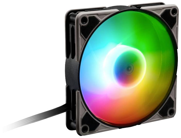 Počítačový ventilátor s RGB podsvietením zobrazuje živú hru farieb. Ventilátor má obdĺžnikový kryt a pripojovací kábel.