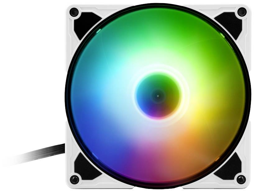 Ventilátor počítačovej skrine s RGB podsvietením svieti vo viacerých farbách. Ventilátor je štvorcový a obklopený bielym rámom.