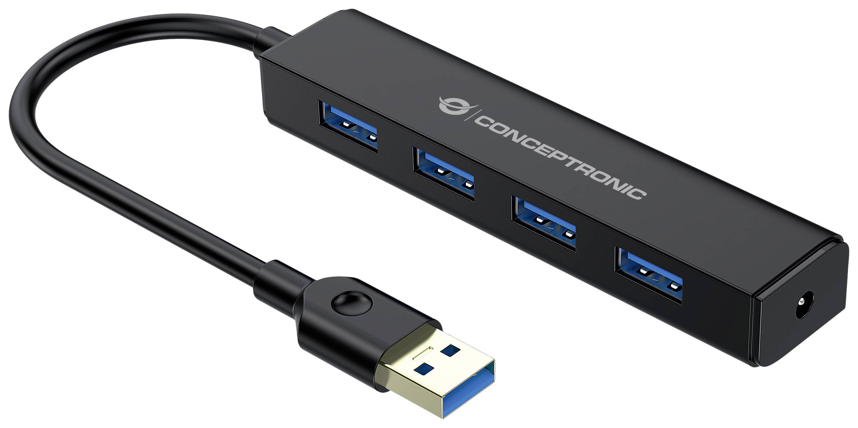 Čierny USB rozbočovač s piatimi portmi, z toho štyri USB porty na pripojenie externých zariadení.