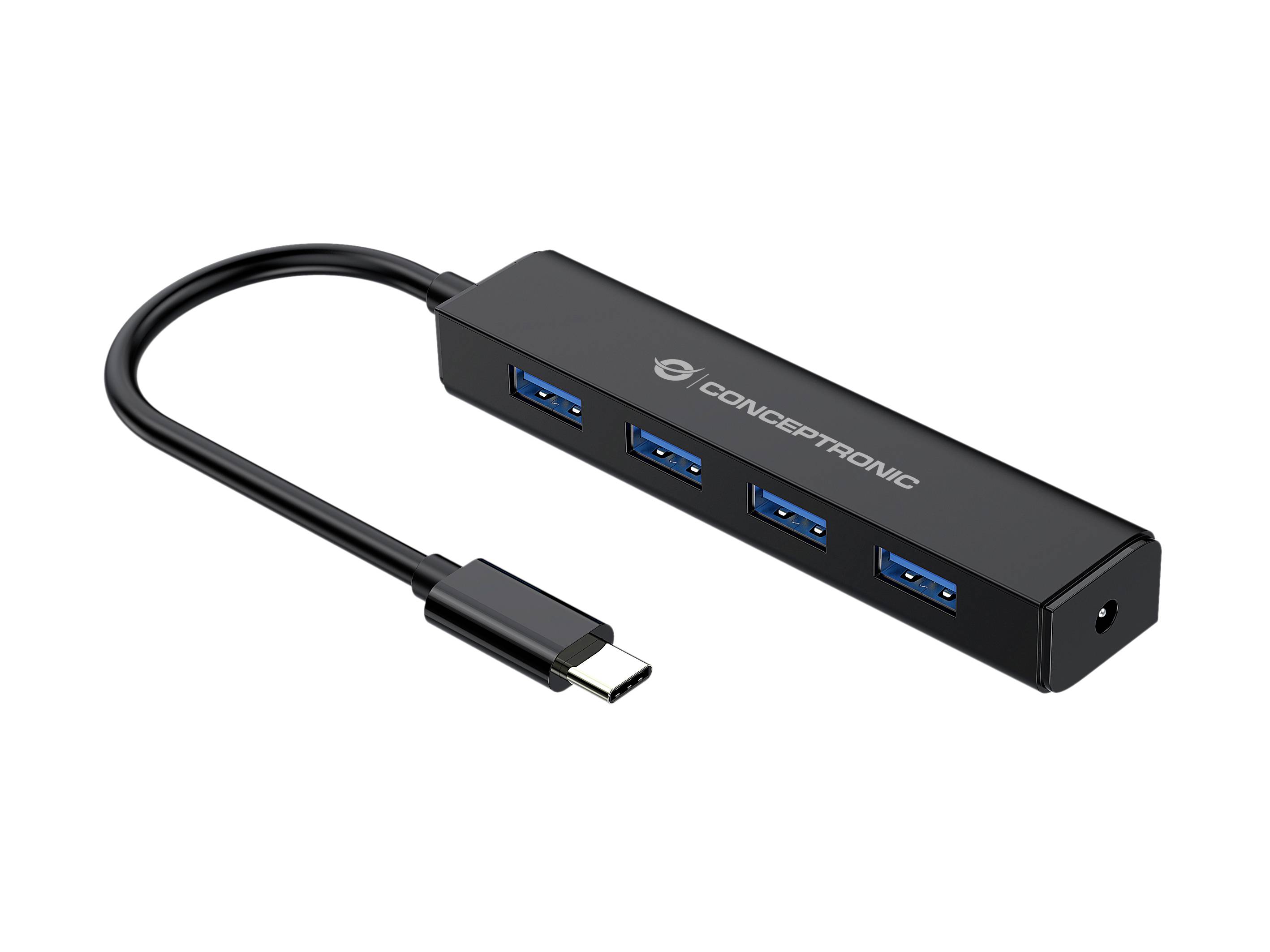 USB hub so štyrmi USB portami a USB-C pripájacím káblom, vhodný na pripojenie viacerých USB zariadení k počítaču.