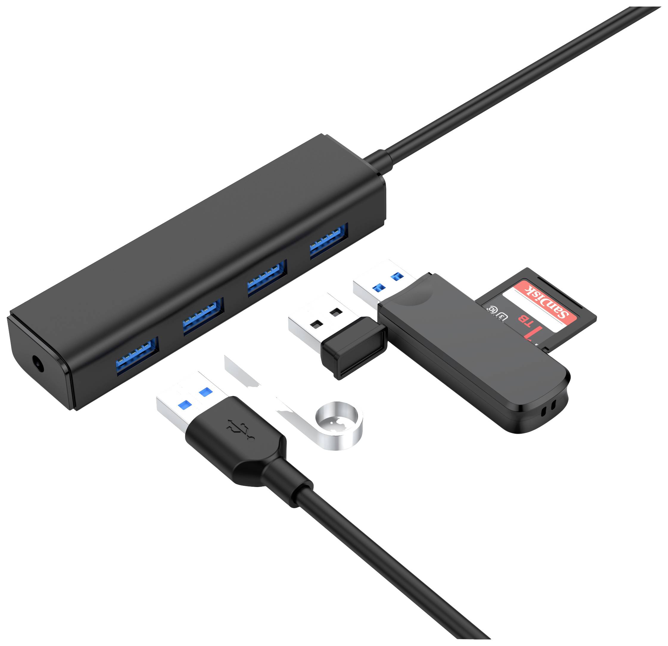 USB hub so štyrmi portami, USB káblom a čítačkou SD kariet. Vedľa leží pamäťová karta a USB kľúč.
