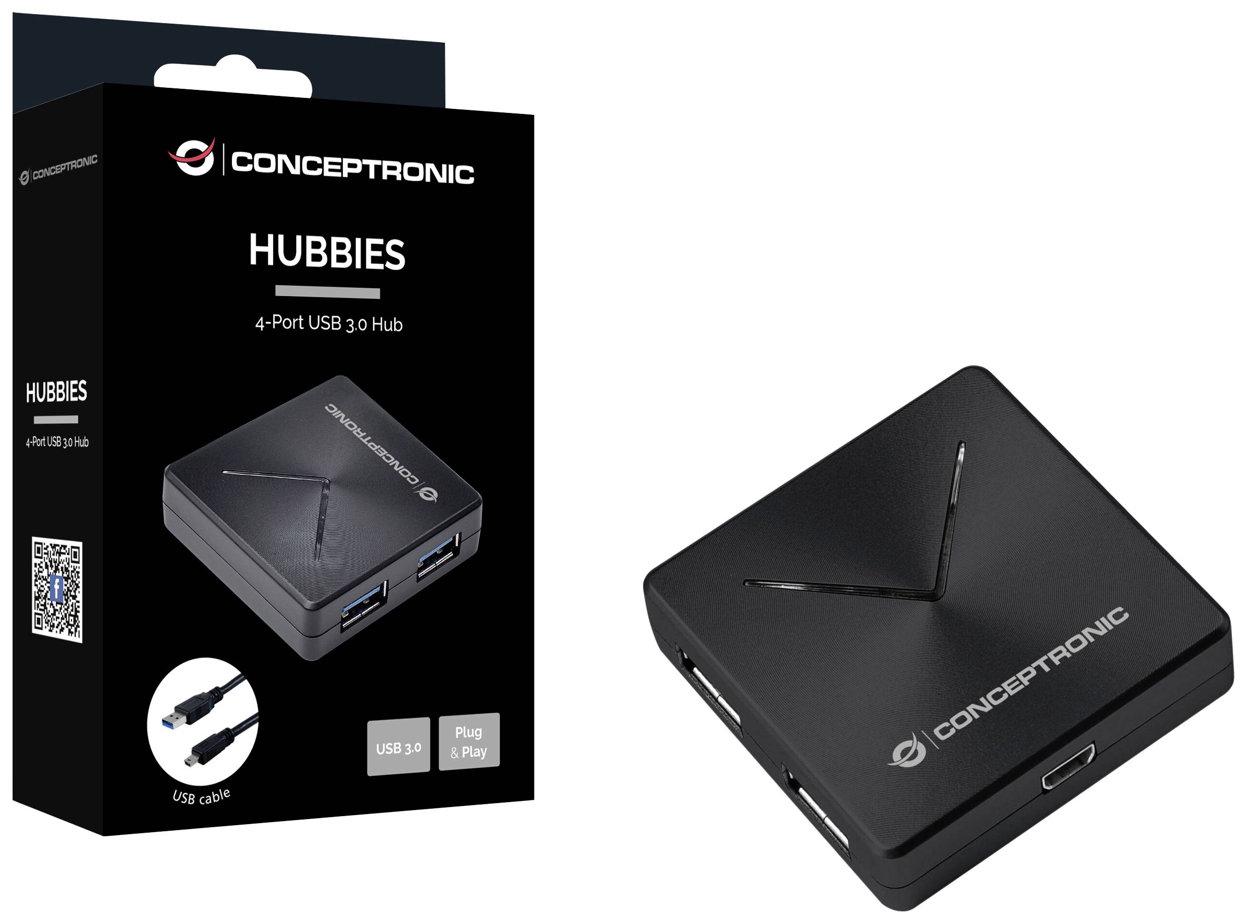 "CONCEPTRONIC HUBBIES" USB 3.0 Hub so 4 portami. Balenie zobrazuje hub a obsahuje symboly pre USB 3.0 a Plug & Play.