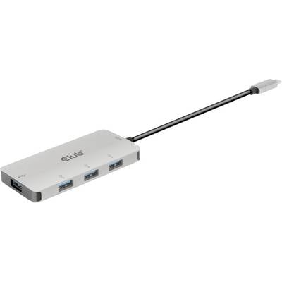 Strieborný USB-C hub so štyrmi USB portmi na boku a jedným USB-C portom na krátkom kábli. Ideálny pre pripojenie zariadení.