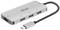 USB hub so štyrmi portmi, z toho tri USB porty a jeden USB-C port. Hub je striebornej farby s čiernym káblom.