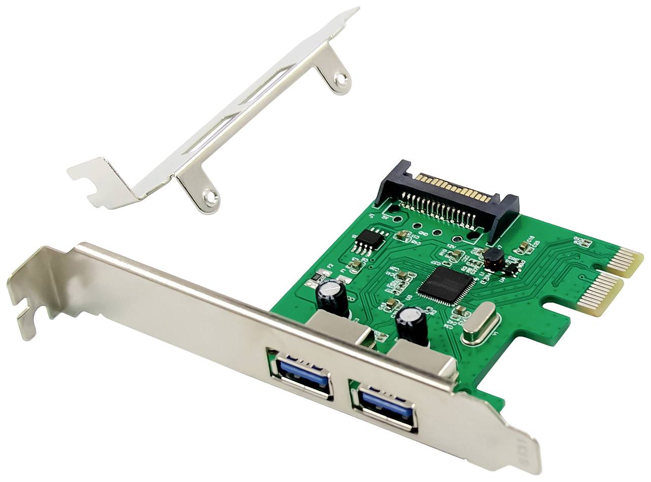 Rozširujúca karta s dvoma USB 3.0 portami a kovovým držiakom na upevnenie vo vnútri počítačového puzdra. Obsahuje elektronické komponenty.