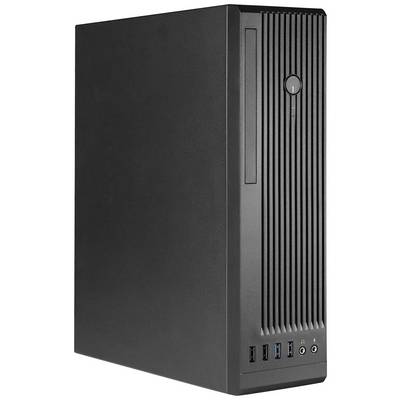Čierny počítačový tower so zvislými vetracími otvormi na prednej strane. Hore tlačidlo napájania; dole niekoľko USB portov.