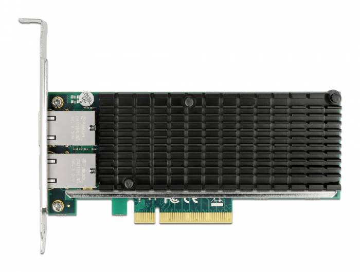 Sieťová karta s dvoma ethernetovými portami a chladičom, vhodná pre PCIe sloty v počítačoch.