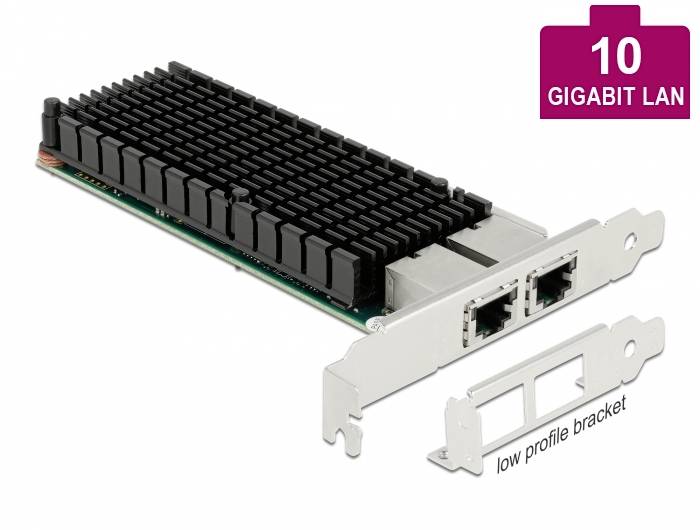 Sieťová karta s dvoma ethernetovými portami a čiernym chladičom. Vpravo hore ružový odkaz: '10 Gigabitová LAN'.