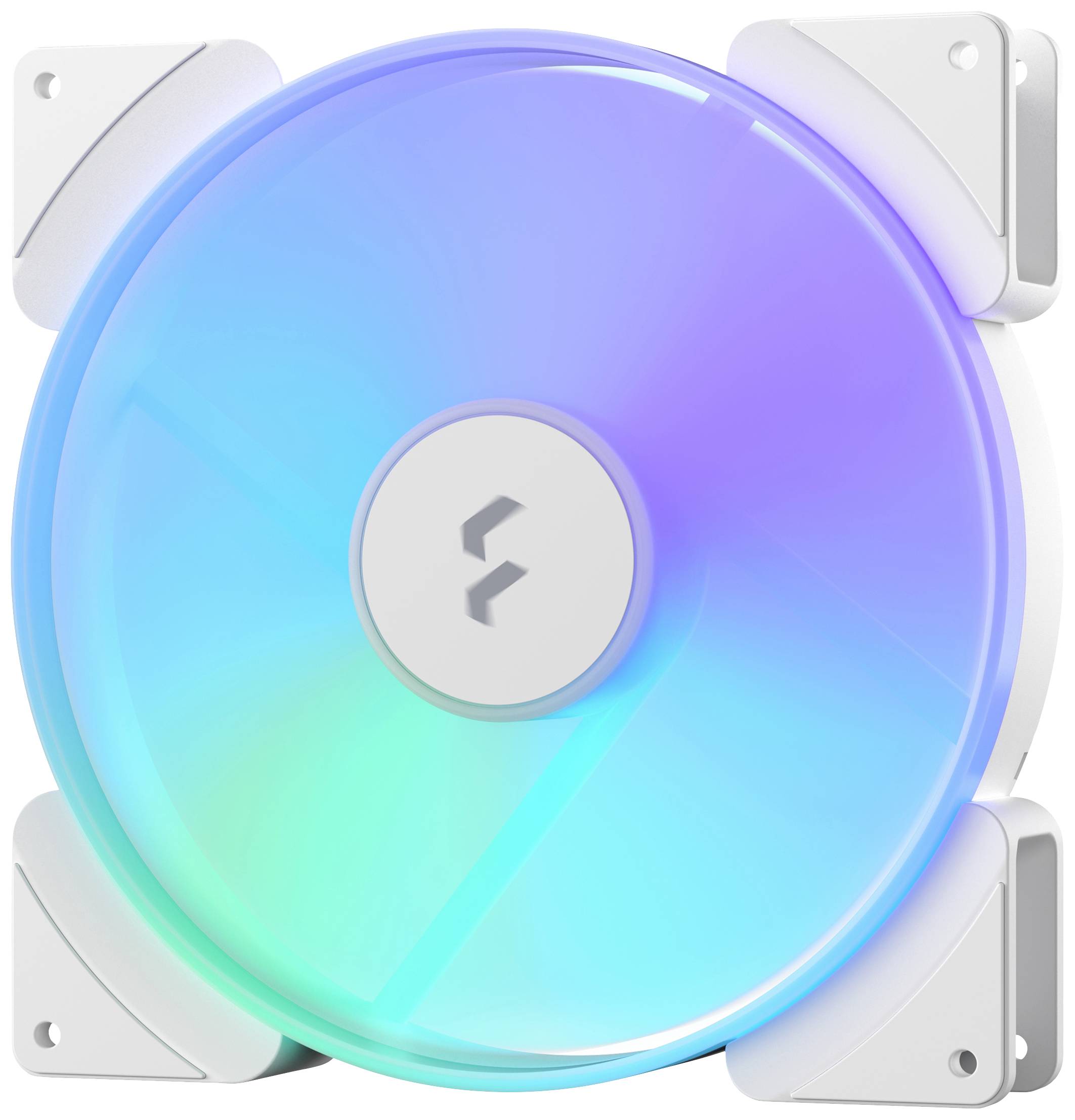 RGB LED počítačový ventilátor so svietiacimi farbami v modrej, fialovej a zelenej. Namontovaný v obdĺžnikovom kryte.