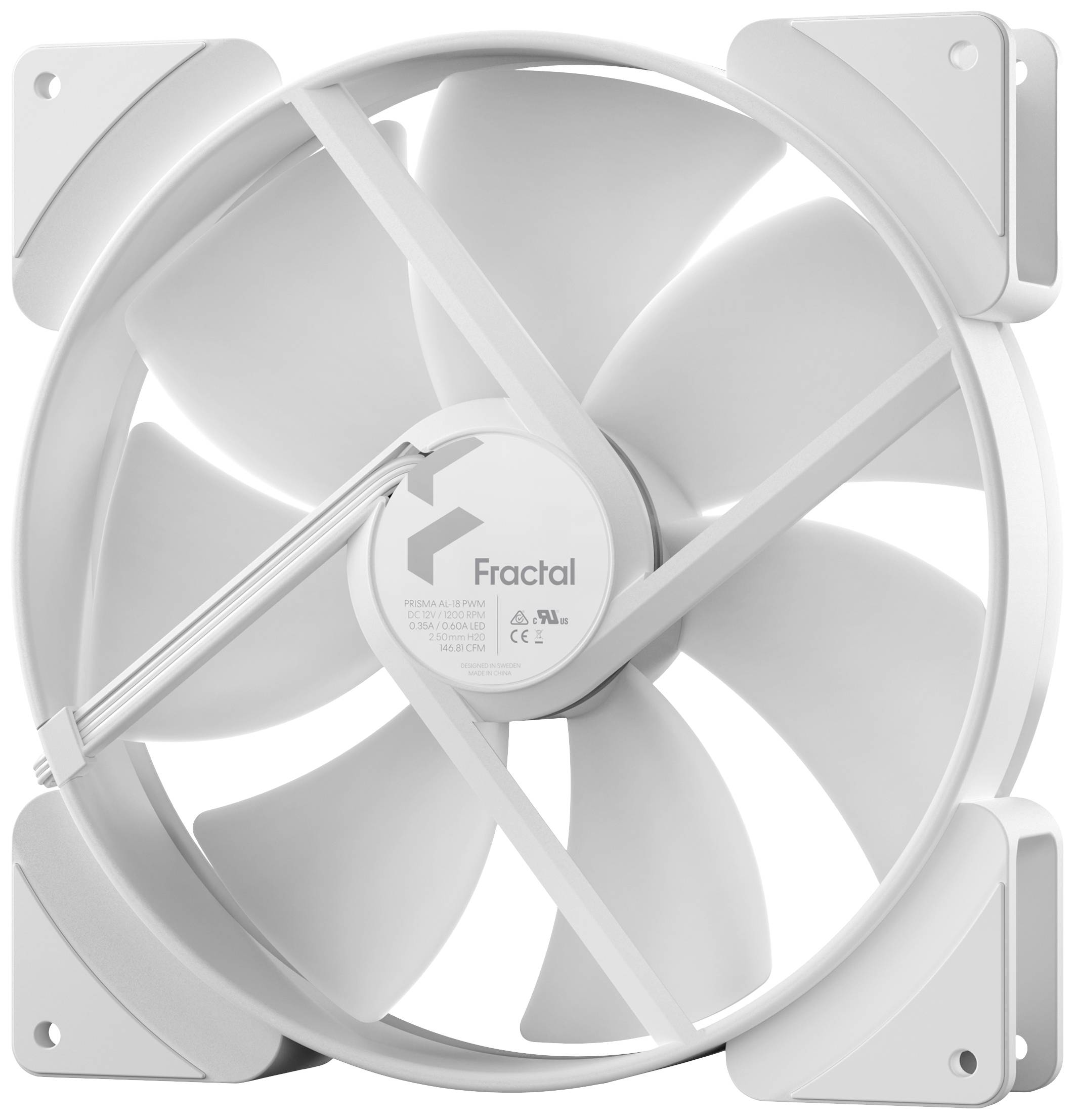 Veľký biely osemlopatkový počítačový ventilátor od značky Fractal, namontovaný vo štvorcovom ráme, slúži na chladenie.