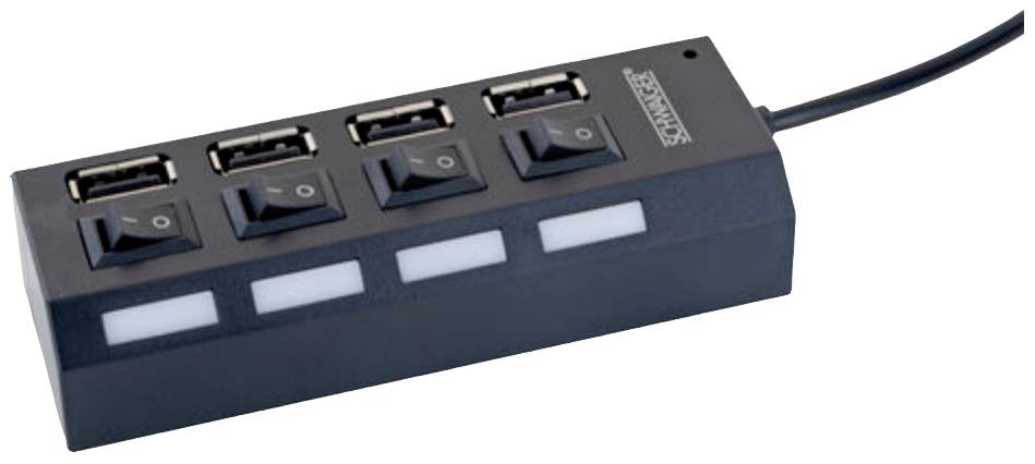 Čierny USB hub so štyrmi portami a samostatnými vypínačmi pre každý port.