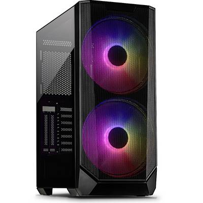 Čierna počítačová skrinka s dvoma veľkými, svietiacimi RGB ventilátormi na prednej strane. Priehľadný bočný panel odhaľuje vnútro počítača.