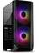 Čierna počítačová skrinka s dvoma veľkými, svietiacimi RGB ventilátormi na prednej strane. Priehľadný bočný panel odhaľuje vnútro počítača.
