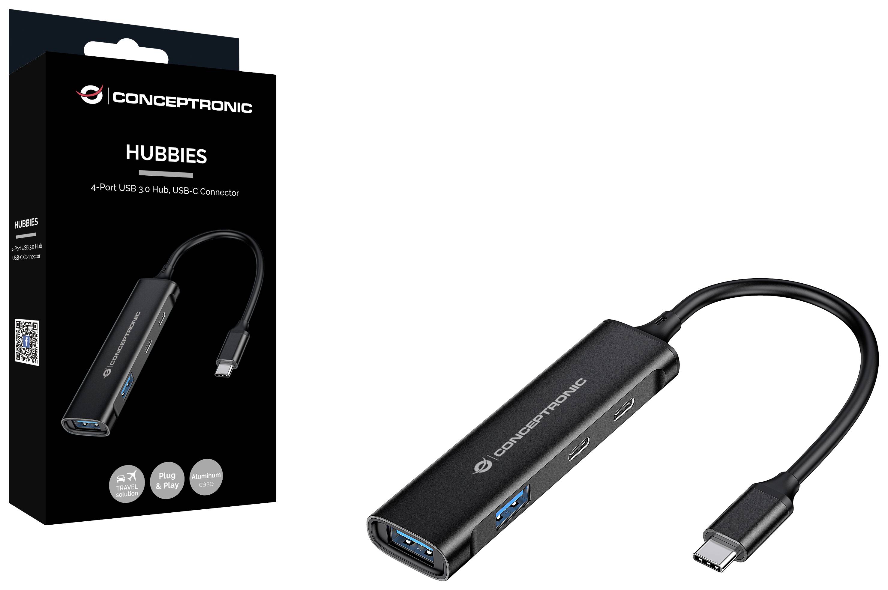 USB hub so štyrmi portami, čiernej farby, značky 'CONCEPTRONIC', zobrazený na obale produktu.