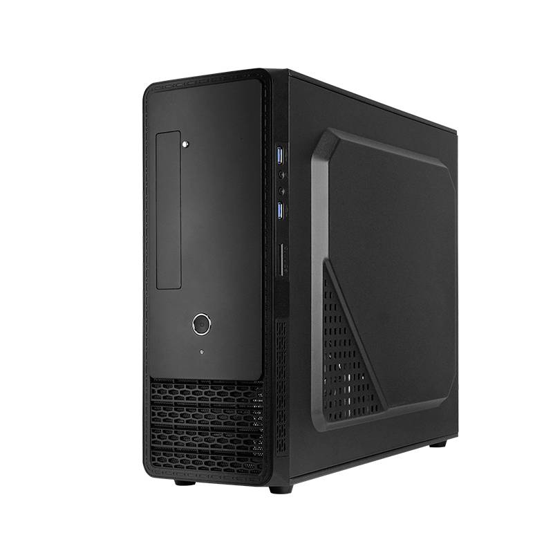 Čierna PC skrinka s jednoduchým dizajnom, dvoma USB portami a DVD mechanikou na prednej strane.