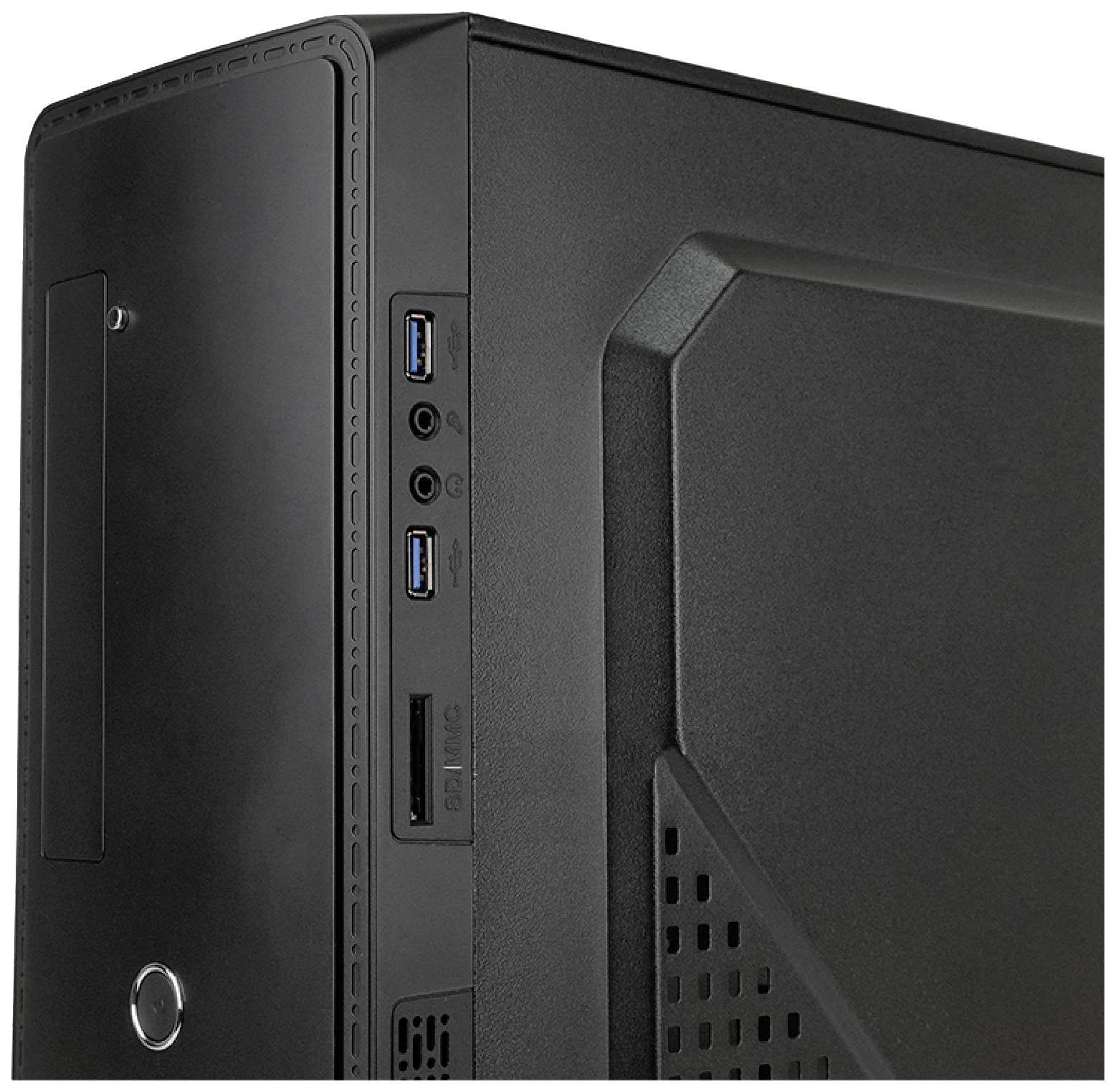 Čierna počítačová skrinka s USB portami a audio zdierkami na prednej strane.