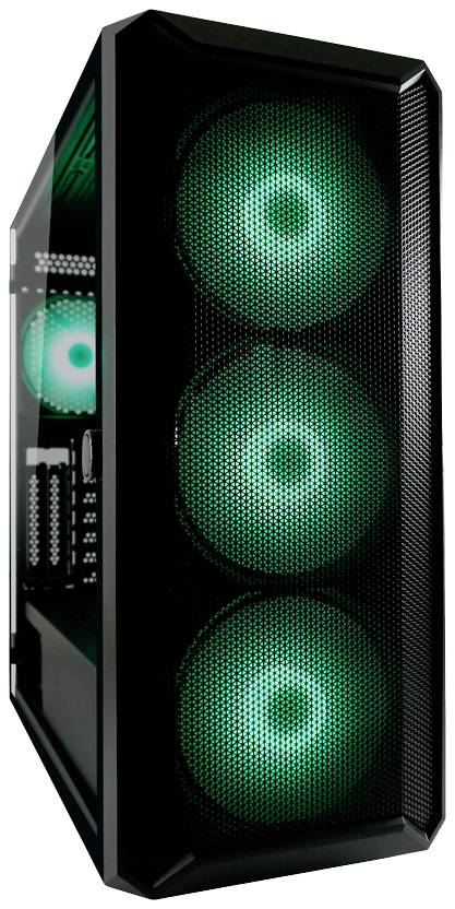Počítačová skrinka s tromi svietiacimi zelenými ventilátormi na prednej strane.